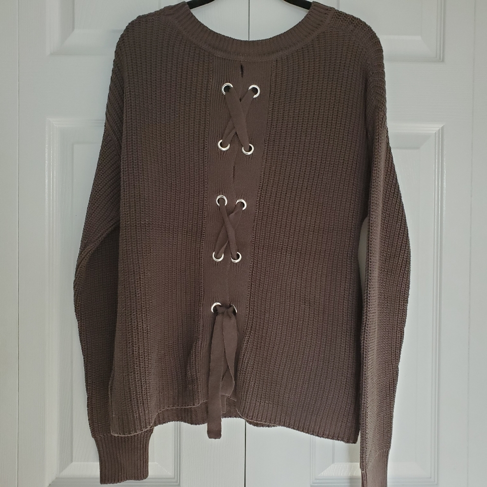 NEW Bobeau Olive Lace-up Knit Sweater - L - Picture 4 of 8